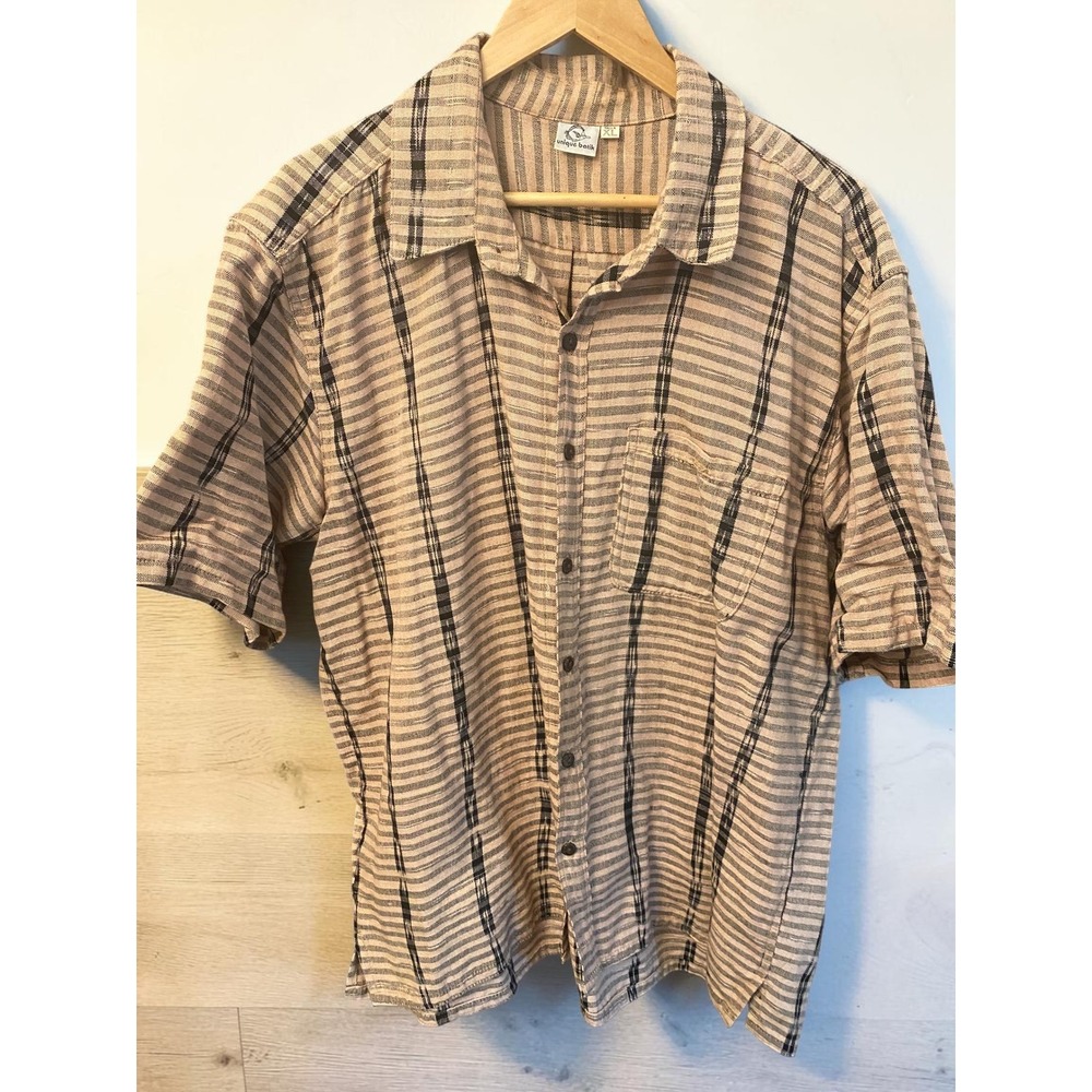 Unique‎ Batik Ikat Weave Tan & Black Men's XL Button Down Beachwear Cotton Shirt